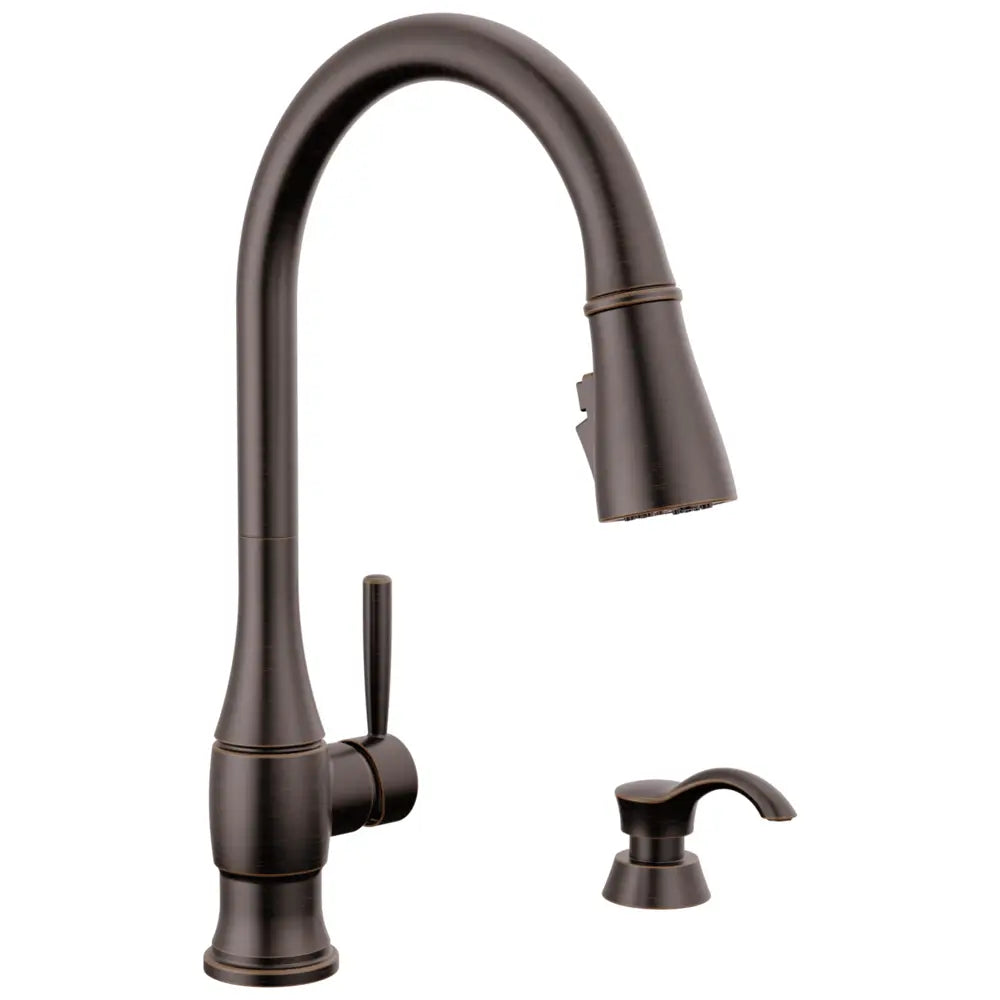 Delta Hazelwood 1.8 GPM Single Hole Pull Down Kitchen Faucet with MagnaTite and ShieldSpray Technologies - Includes Soap Dispenser and Escutcheon