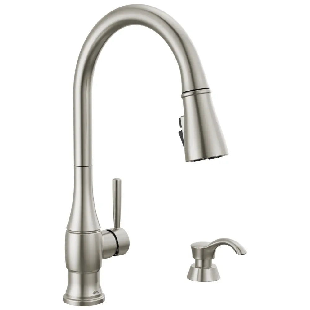 Delta Hazelwood 1.8 GPM Single Hole Pull Down Kitchen Faucet with MagnaTite and ShieldSpray Technologies - Includes Soap Dispenser and Escutcheon