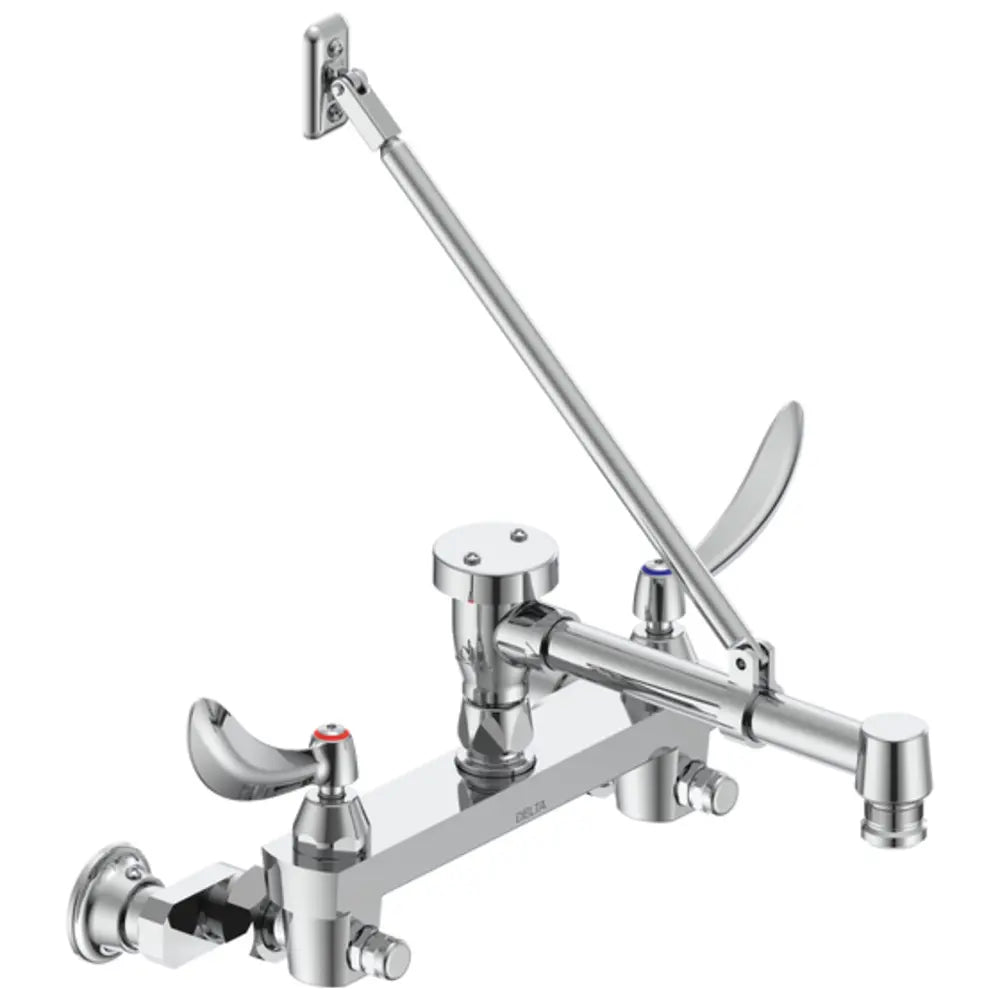 Delta Double Handle Ceramic Disc Wallmount Faucet with Blade Handles Long Spout with Brace and Body Mounted Angle Vacuum Breaker from the Commercial Series