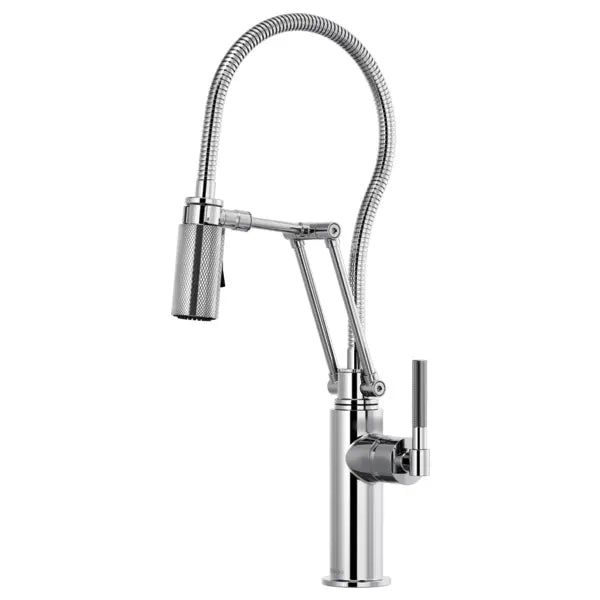 Brizo Litze 1.8 GPM Pre-Rinse Pull-Down Kitchen Faucet with Dual Jointed Articulating Arm, Knurled Handle and Metal Finished Hose