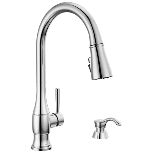 Delta Hazelwood 1.8 GPM Single Hole Pull Down Kitchen Faucet with MagnaTite and ShieldSpray Technologies - Includes Soap Dispenser and Escutcheon