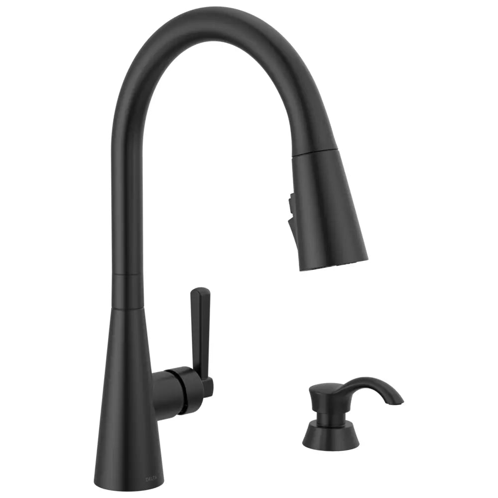 Delta Boyd 1.8 GPM Single Hole Pull Down Kitchen Faucet with Magnetic Docking Spray Head and ShieldSpray - Includes Escutcheon Plate and Soap Dispenser