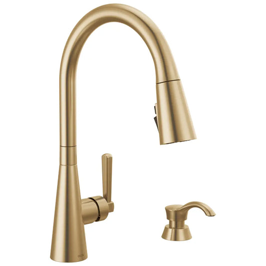 Delta Boyd 1.8 GPM Single Hole Pull Down Kitchen Faucet with Magnetic Docking Spray Head and ShieldSpray - Includes Escutcheon Plate and Soap Dispenser