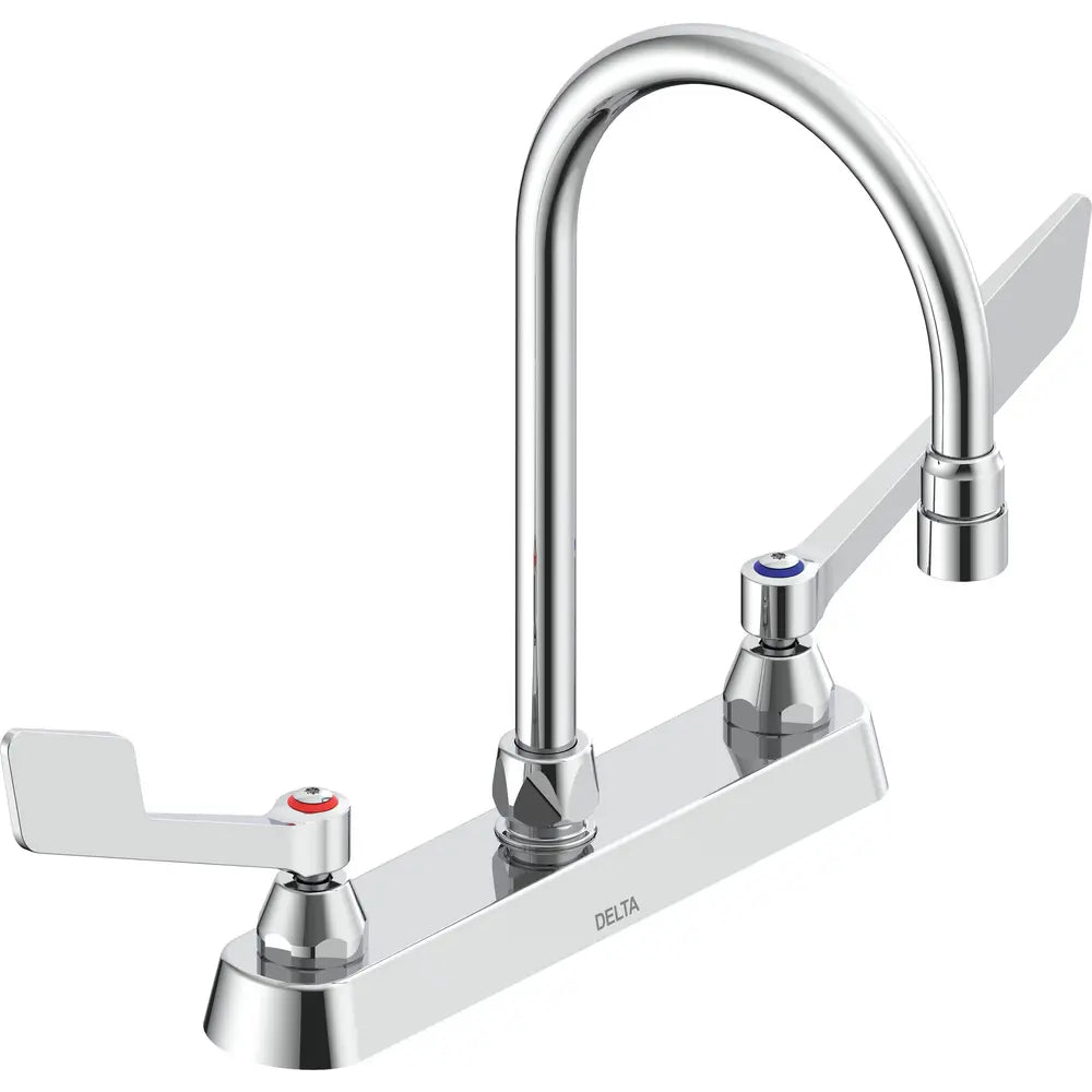 Delta Double Handle 1.5GPM Ceramic Disc Kitchen Faucet with Wrist Blade Handles Gooseneck Spout and Vandal Resistant Aerator from the Commercial Series
