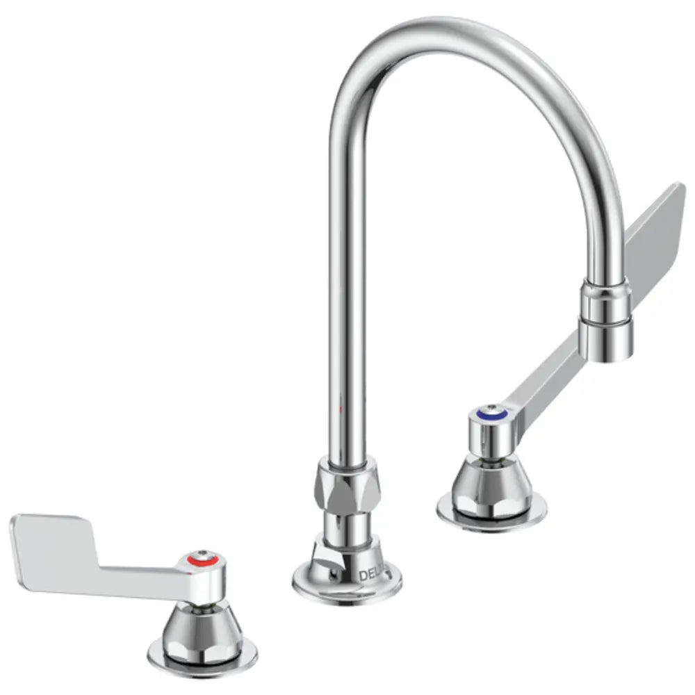 Delta Double Handle 0.5GPM Ceramic Disc Below Deckmount Kitchen Faucet with Wrist Blade Handles and Gooseneck Spout from the Commercial Series