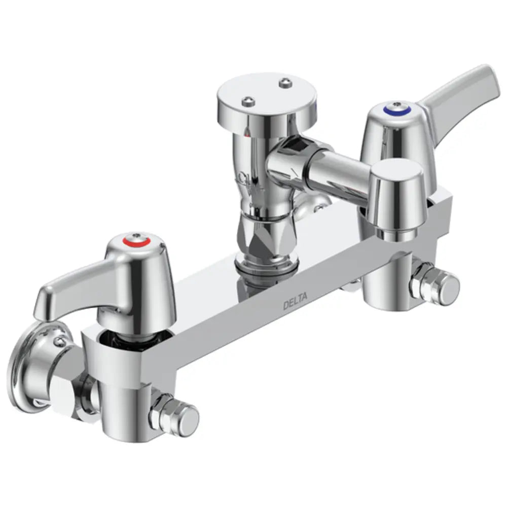 Delta Double Handle Ceramic Disc Wallmount Faucet with Lever Blade Handles Short Spout and Body Mounted Angle Vacuum Breaker Aerator from the Commercial Series