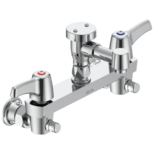 Delta Double Handle Ceramic Disc Wallmount Faucet with Lever Blade Handles Short Spout and Body Mounted Angle Vacuum Breaker Aerator from the Commercial Series