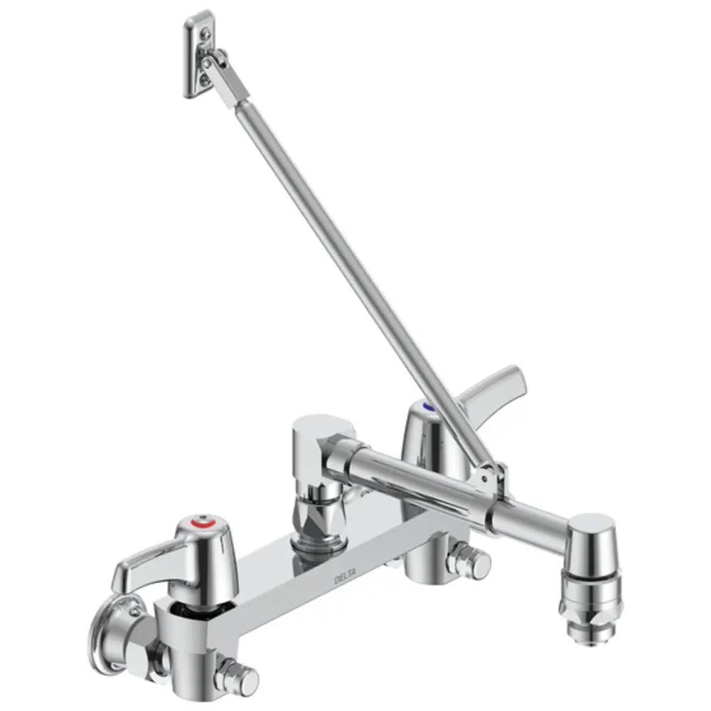 Delta Double Handle Ceramic Disc Wallmount Faucet with Lever Blade Handles Long Spout with Brace and Vacuum Breaker Aerator from the Commercial Series