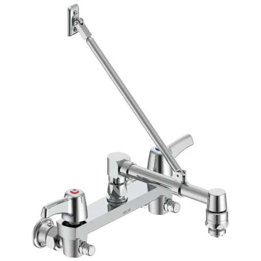 Delta Double Handle Ceramic Disc Wallmount Faucet with Lever Blade Handles Long Spout with Brace and Vacuum Breaker Aerator from the Commercial Series