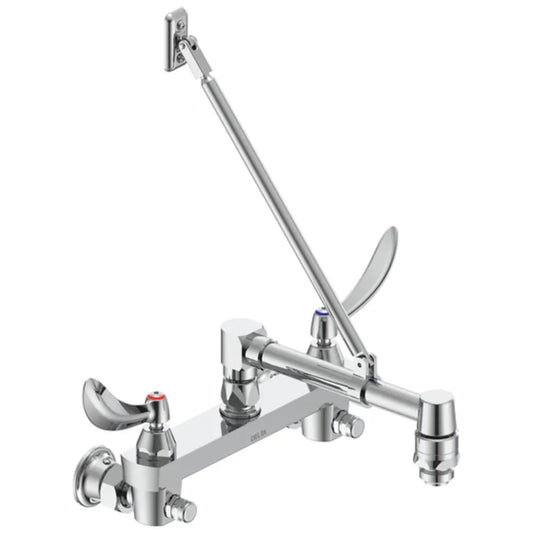 Delta Double Handle Ceramic Disc Wallmount Faucet with Blade Handles Long Spout with Brace and Vacuum Breaker Aerator from the Commercial Series
