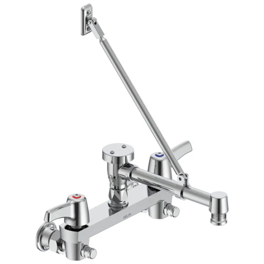 Delta Double Handle Ceramic Disc Wallmount Faucet with Lever Blade Handles Long Spout with Brace Adjustable Centers and Body Mounted Angle Vacuum Breaker from the Commercial Series