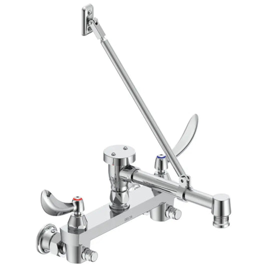 Delta Double Handle Ceramic Disc Wallmount Faucet with Blade Handles Long Spout with Brace and Body Mounted Angle Vacuum Breaker from the Commercial Series