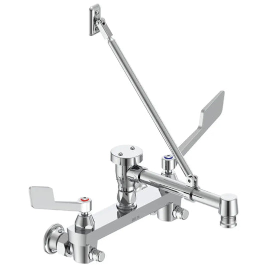 Delta Double Handle Ceramic Disc Wallmount Faucet with Wrist Blade Handles Long Spout with Brace and Body Mounted Angle Vacuum Breaker from the Commercial Series