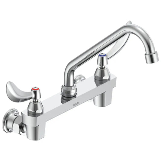 Delta Double Handle 1.5GPM Ceramic Disc Wallmount Faucet Less Integral Stops with Blade Handles 8" Tubular Swing Spout and Antimicrobial by AgION from the Commercial Series