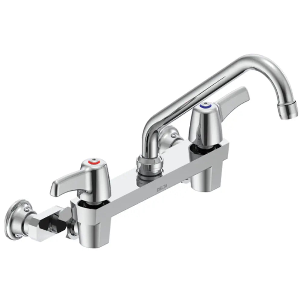 Delta Double Handle 1.5GPM Ceramic Disc Wallmount Faucet Less Integral Stops with Lever Blade Handles Adjustable Centers and 8" Tubular Swing Spout from the Commercial Series