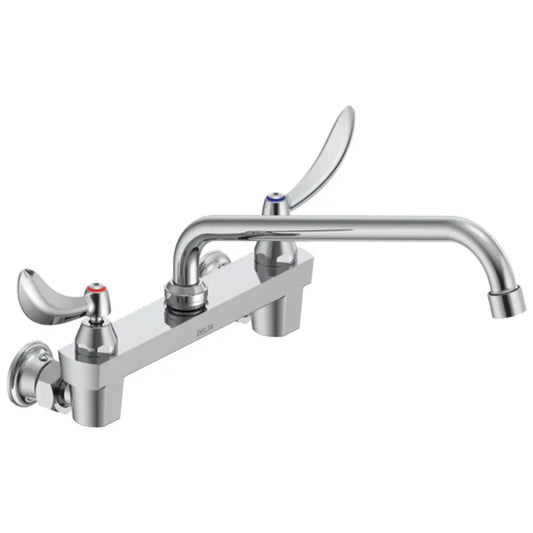 Delta Double Handle 1.5GPM Ceramic Disc Wallmount Faucet Less Integral Stops with Blade Handles 11" Tubular Swing Spout and Antimicrobial by AgION from the Commercial Series