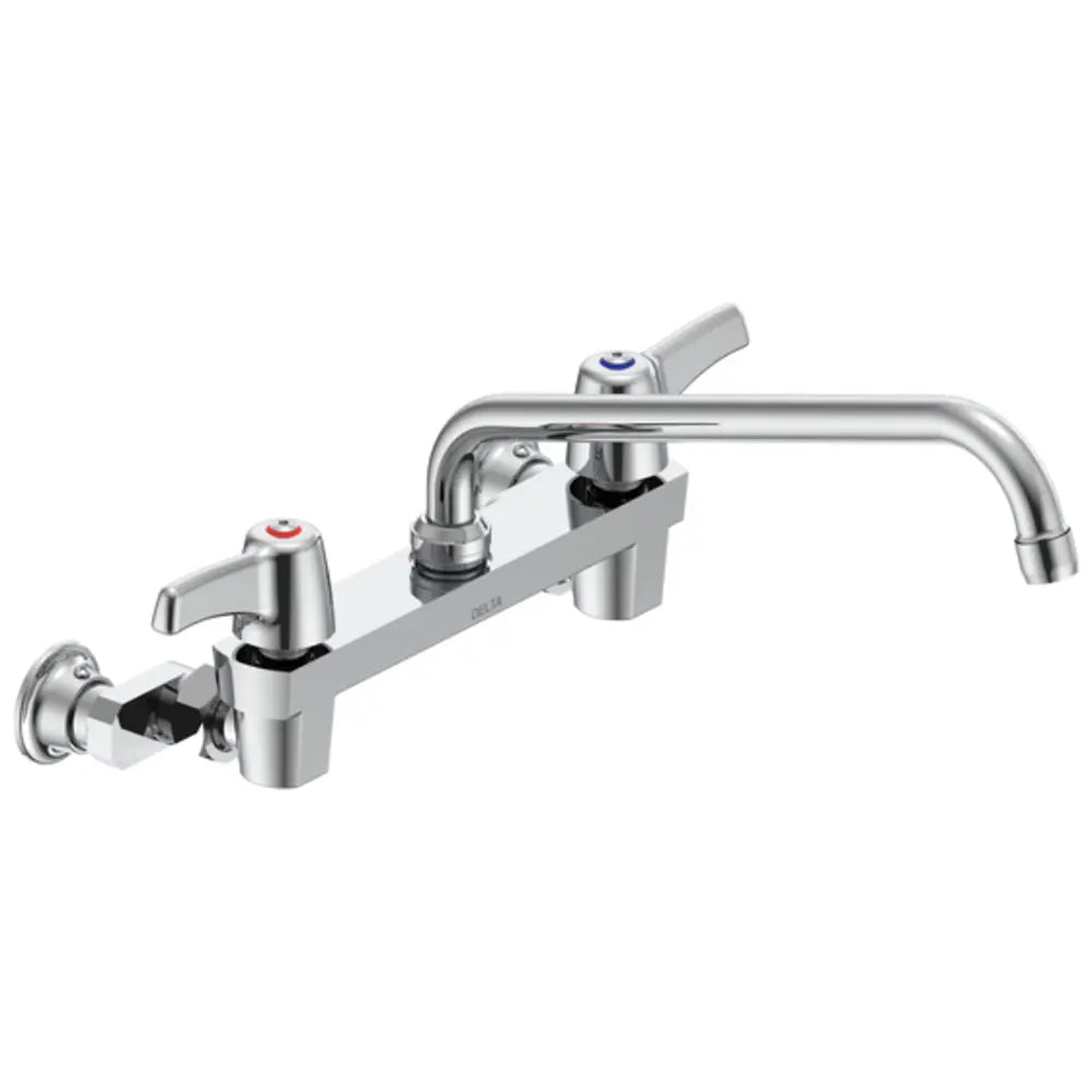Delta Double Handle 1.5GPM Ceramic Disc Wallmount Faucet Less Integral Stops with Lever Blade Handles Adjustable Centers and 11" Tubular Swing Spout from the Commercial Series
