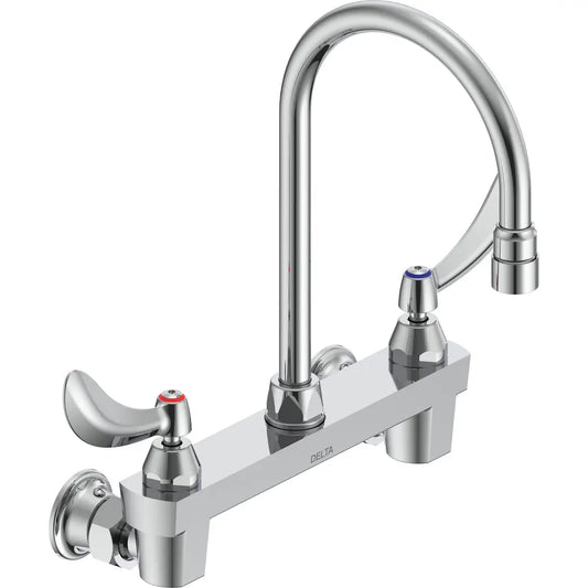 Delta Double Handle 1.5GPM Ceramic Disc Wallmount Faucet Less Integral Stops with Blade Handles Gooseneck Spout and Antimicrobial by AgION from the Commercial Series