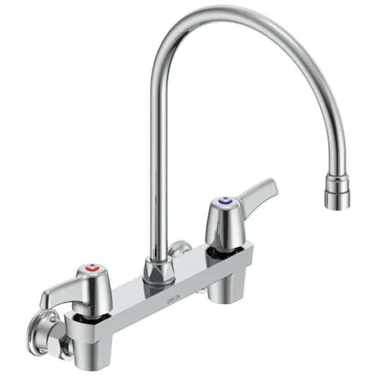 Delta Double Handle 1.5GPM Ceramic Disc Wallmount Faucet Less Integral Stops with Lever Blade Handles 12-45/64" Gooseneck Spout and Vandal Resistant Aerator from the Commercial Series