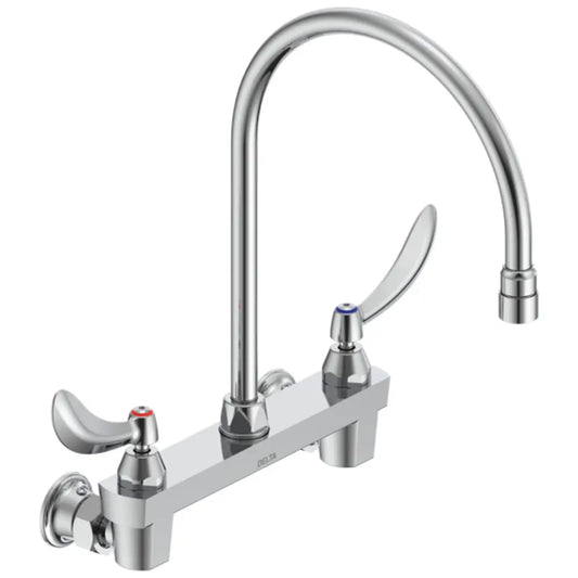 Delta Double Handle 1.5GPM Ceramic Disc Wallmount Faucet Less Integral Stops with Blade Handles 12-45/64" Gooseneck Spout and Vandal Resistant Aerator from the Commercial Series