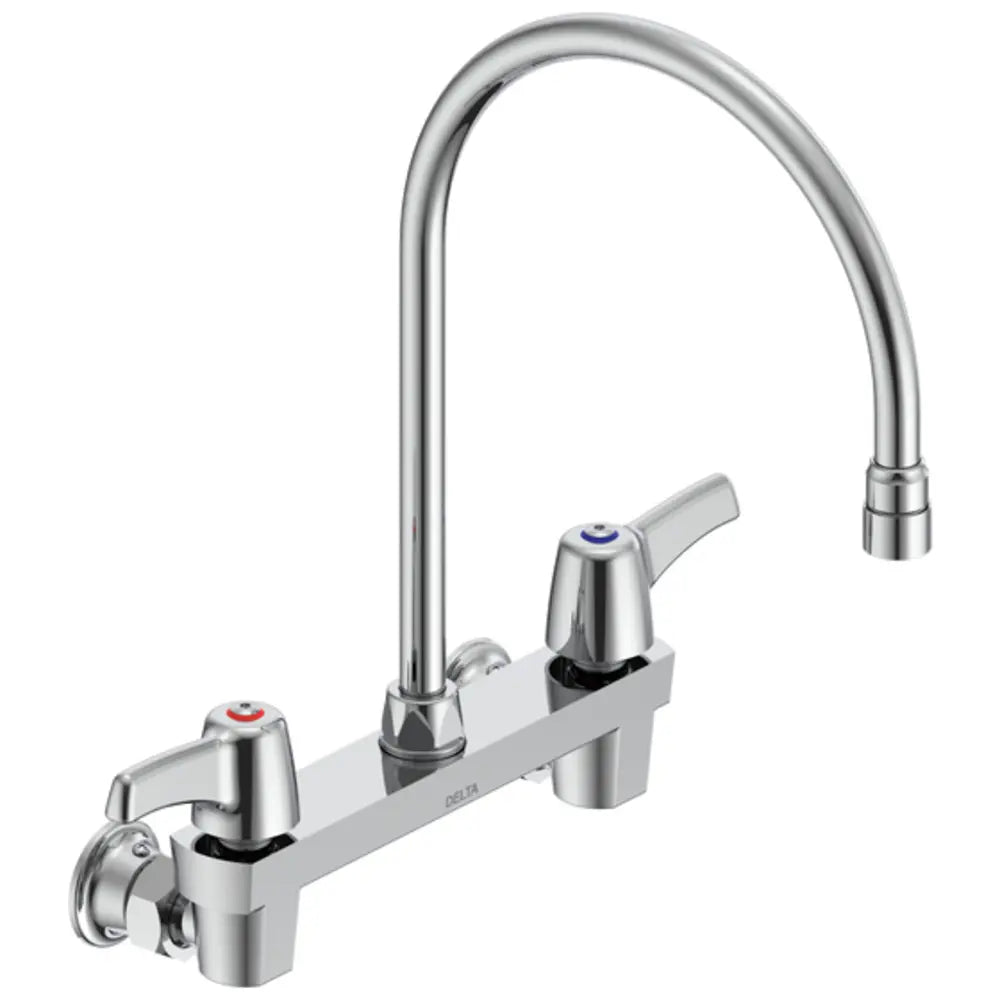 Delta Double Handle 1.5GPM Ceramic Disc Wallmount Faucet Less Integral Stops with Blade Handles Gooseneck Spout and Vandal Resistant Aerator from the Commercial Series