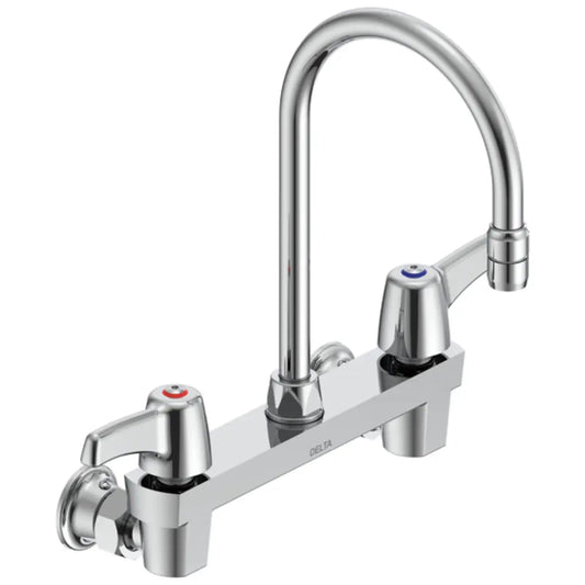 Delta Double Handle 1.5GPM Ceramic Disc Wallmount Faucet Less Integral Stops with Lever Blade Handles and 10-1/2" Gooseneck Spout from the Commercial Series