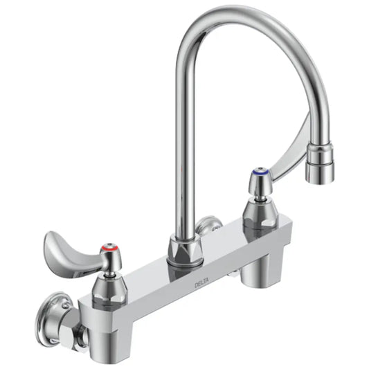 Delta Double Handle 1.5GPM Ceramic Disc Wallmount Faucet Less Integral Stops with Blade Handles and Gooseneck Spout from the Commercial Series