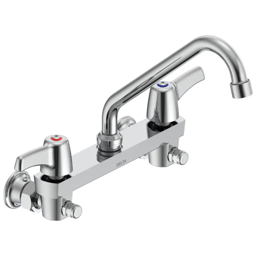 Delta Double Handle 1.5GPM Ceramic Disc Wallmount Faucet with Integral Stops and Lever Blade Handles 8" Tubular Swing Spout and Antimicrobial by AgION from the Commercial Series