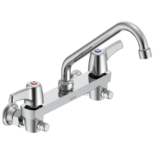 Delta Double Handle 1.5GPM Ceramic Disc Wallmount Faucet with Integral Stops and Lever Blade Handles 8" Tubular Swing Spout and Antimicrobial by AgION from the Commercial Series