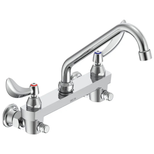 Delta Double Handle 1.5GPM Ceramic Disc Wallmount Faucet with Integral Stops and Blade Handles 8" Tubular Swing Spout and Antimicrobial by AgION from the Commercial Series