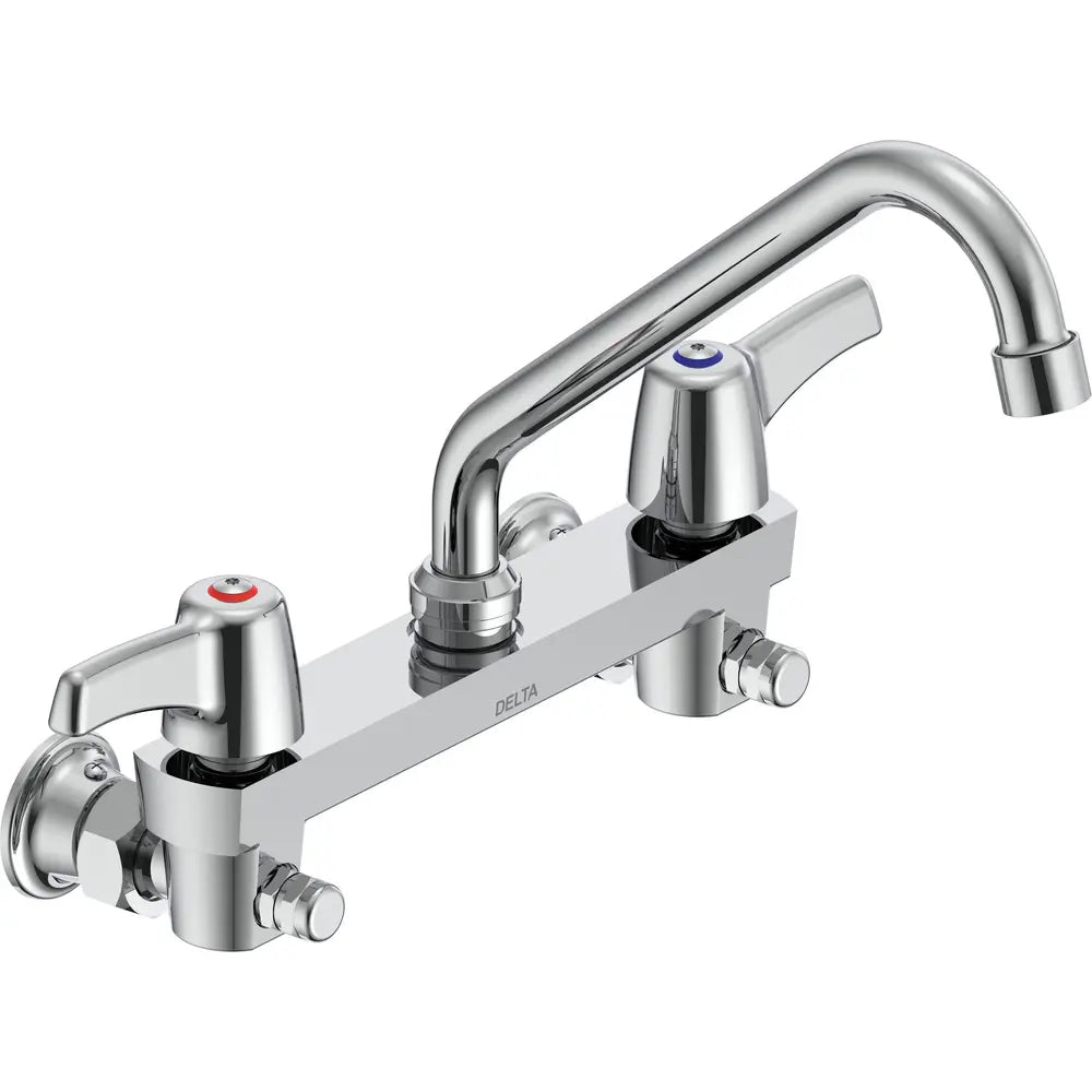 Delta Double Handle 1.5GPM Ceramic Disc Wallmount Faucet with Integral Stops and Lever Blade Handles 8" Tubular Swing Spout and Vandal Resistant Aerator from the Commercial Series