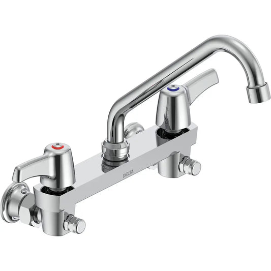 Delta Double Handle 1.5GPM Ceramic Disc Wallmount Faucet with Integral Stops and Lever Blade Handles 8" Tubular Swing Spout and Vandal Resistant Aerator from the Commercial Series