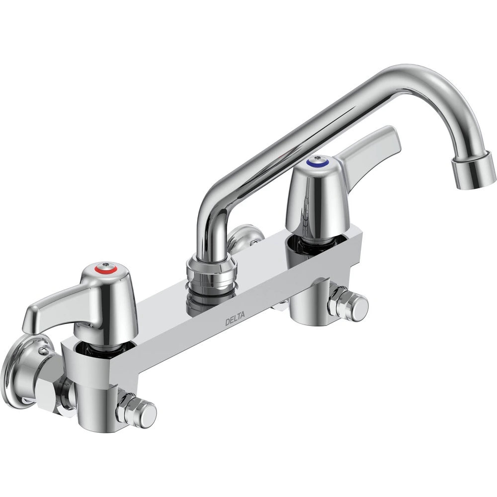 Delta Double Handle 1.5GPM Ceramic Disc Wallmount Faucet with Integral Stops and Lever Blade Handles and 8" Tubular Swing Spout from the Commercial Series