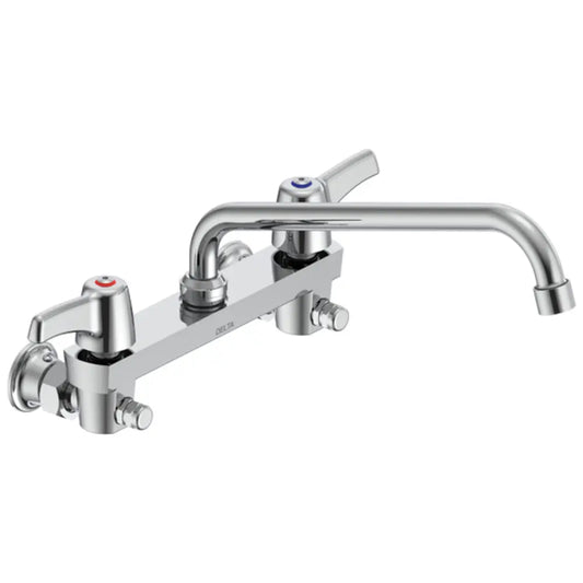 Delta Double Handle 1.5GPM Ceramic Disc Wallmount Faucet with Integral Stops and Lever Blade Handles 11" Tubular Swing Spout and Antimicrobial by AgION from the Commercial Series