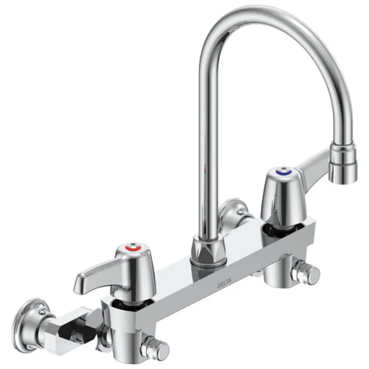 Delta Double Handle 1.5GPM Ceramic Disc Wallmount Faucet with Integral Stops and Lever Blade Handles Adjustable Centers Gooseneck Spout and Vandal Resistant Aerator from the Commercial Series