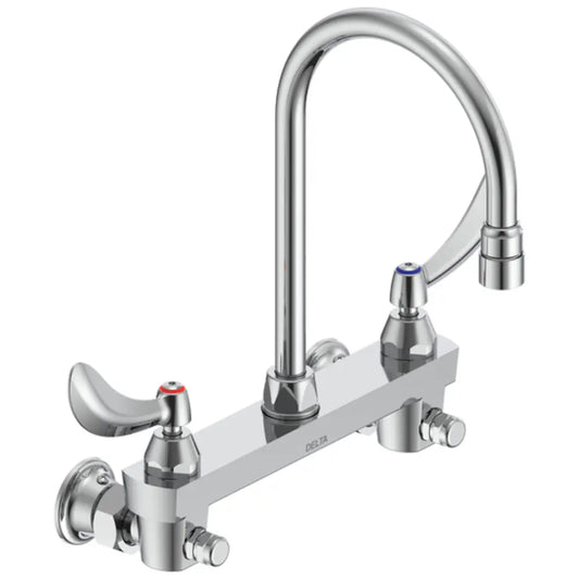 Delta Double Handle 1.5GPM Ceramic Disc Wallmount Faucet with Integral Stops and Blade Handles Gooseneck Spout and Vandal Resistant Aerator from the Commercial Series