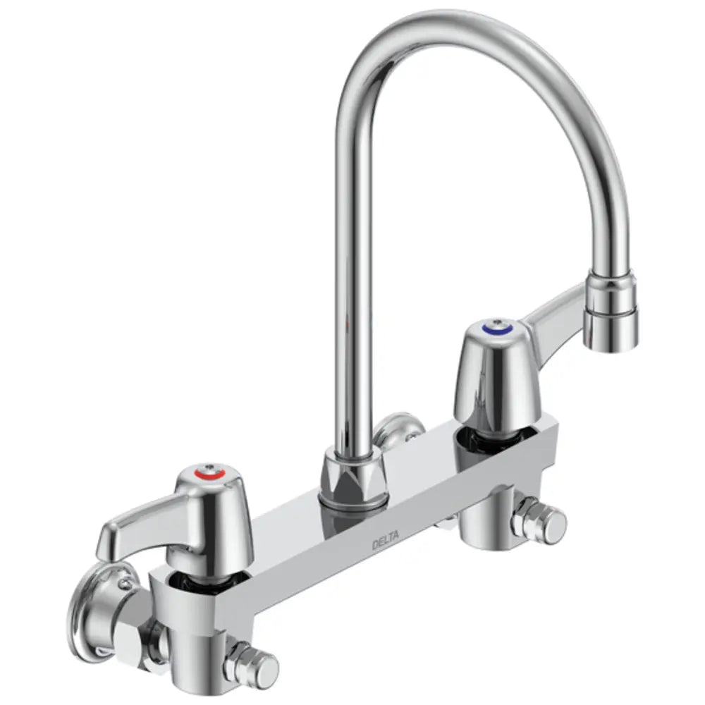 Delta Double Handle 1.5GPM Ceramic Disc Wallmount Faucet with Integral Stops and Lever Blade Handles and Gooseneck Spout from the Commercial Series