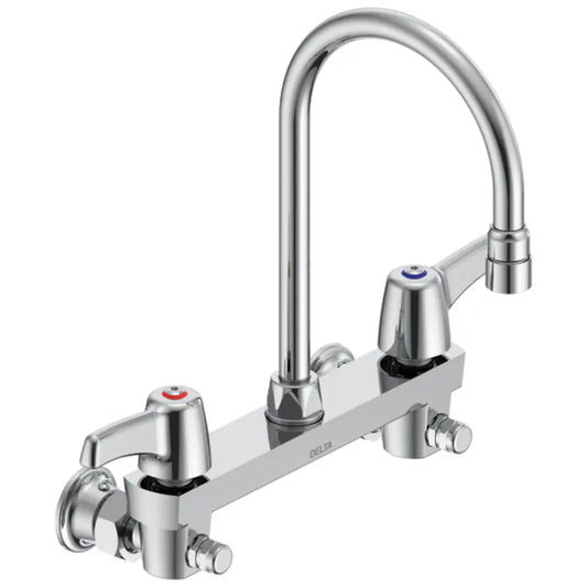 Delta Double Handle 1.5GPM Ceramic Disc Wallmount Faucet with Integral Stops and Lever Blade Handles and Gooseneck Spout from the Commercial Series