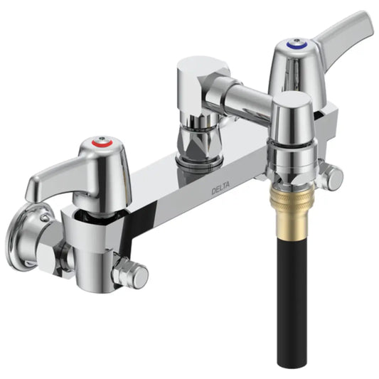 Delta Double Handle Ceramic Disc Wallmount Faucet with Lever Blade Handles Short Spout and Vacuum Breaker Aerator with Hose from the Commercial Series