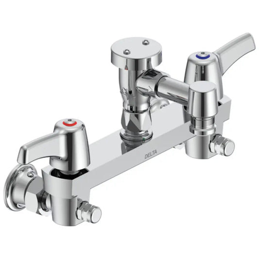 Delta Double Handle Ceramic Disc Wallmount Faucet with Lever Blade Handles Short Spout and Body Mounted Angle Vacuum Breaker from the Commercial Series