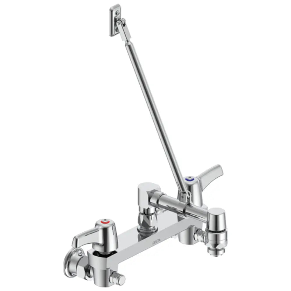 Delta Double Handle Ceramic Disc Wallmount Faucet with Lever Blade Handles Long Spout with Brace and Vacuum Breaker Aerator from the Commercial Series