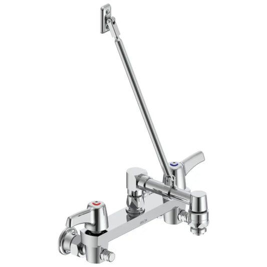 Delta Double Handle Ceramic Disc Wallmount Faucet with Lever Blade Handles Long Spout with Brace and Vacuum Breaker Aerator from the Commercial Series
