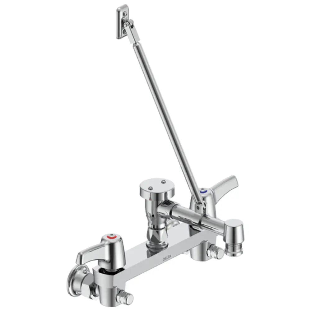 Delta Double Handle Ceramic Disc Wallmount Faucet with Lever Blade Handles Long Spout with Brace and Body Mounted Angle Vacuum Breaker from the Commercial Series
