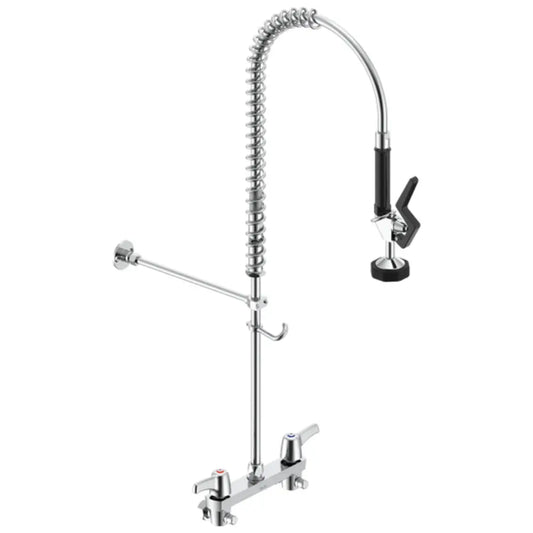 Delta Double Handle Pre-Rinse Kitchen Faucet with Ceramic Valve 8" Center Wallmount Base Lever Blade Handles and Self-Close Spray with Stainless Steel Hose from the Commercial Series