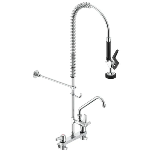 Delta Commercial Double Handle Wall Mounted Pre-Rinse Kitchen Faucet with 1.5 GPM Add-On Single Handle Tubular Swing Spout Faucet