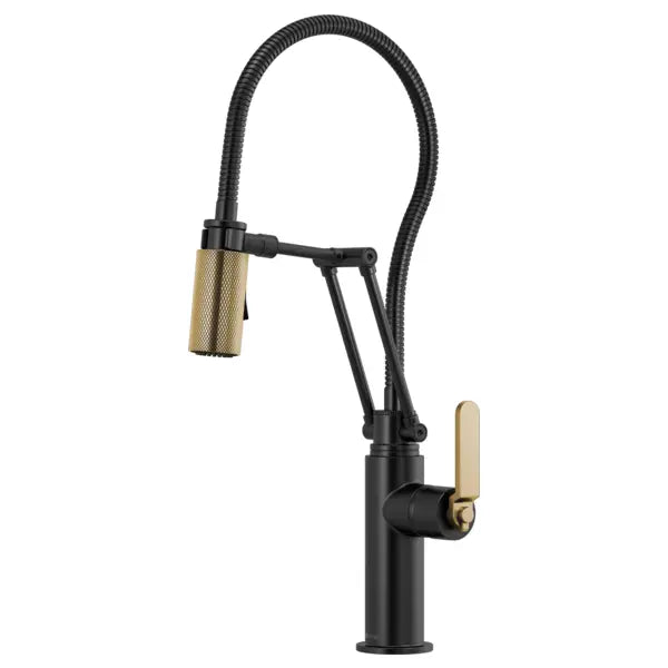 Brizo Litze 1.8 GPM Pre-Rinse Pull-Down Kitchen Faucet with Dual Jointed Articulating Arm, Industrial Handle and Metal Finished Hose