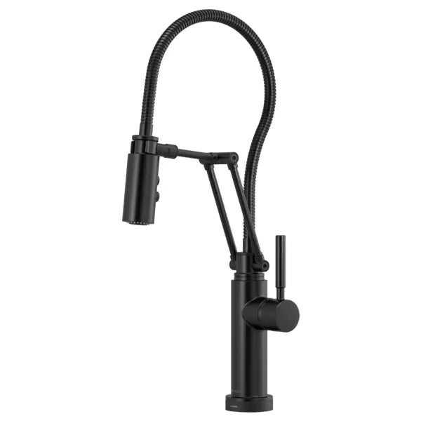 Brizo Solna 1.8 GPM Pre-Rinse Pull-Down Kitchen Faucet with Dual Jointed Articulating Arm, Magnetic Docking Spray Head, On/Off Touch Activation and Metal Finished Hose