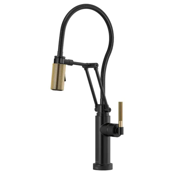 Brizo Litze 1.8 GPM Pre-Rinse Pull-Down Kitchen Faucet with Knurled Handle, Dual Jointed Articulating Arm, Magnetic Docking Spray Head, On/Off Touch Activation and Metal Finished Hose
