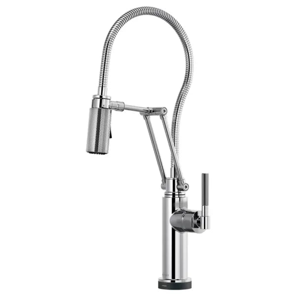 Brizo Litze 1.8 GPM Pre-Rinse Pull-Down Kitchen Faucet with Knurled Handle, Dual Jointed Articulating Arm, Magnetic Docking Spray Head, On/Off Touch Activation and Metal Finished Hose