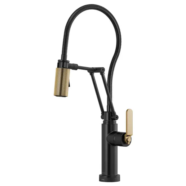 Brizo Litze 1.8 GPM Pre-Rinse Pull-Down Kitchen Faucet with Industrial Handle, Dual Jointed Articulating Arm, Magnetic Docking Spray Head, On/Off Touch Activation and Metal Finished Hose